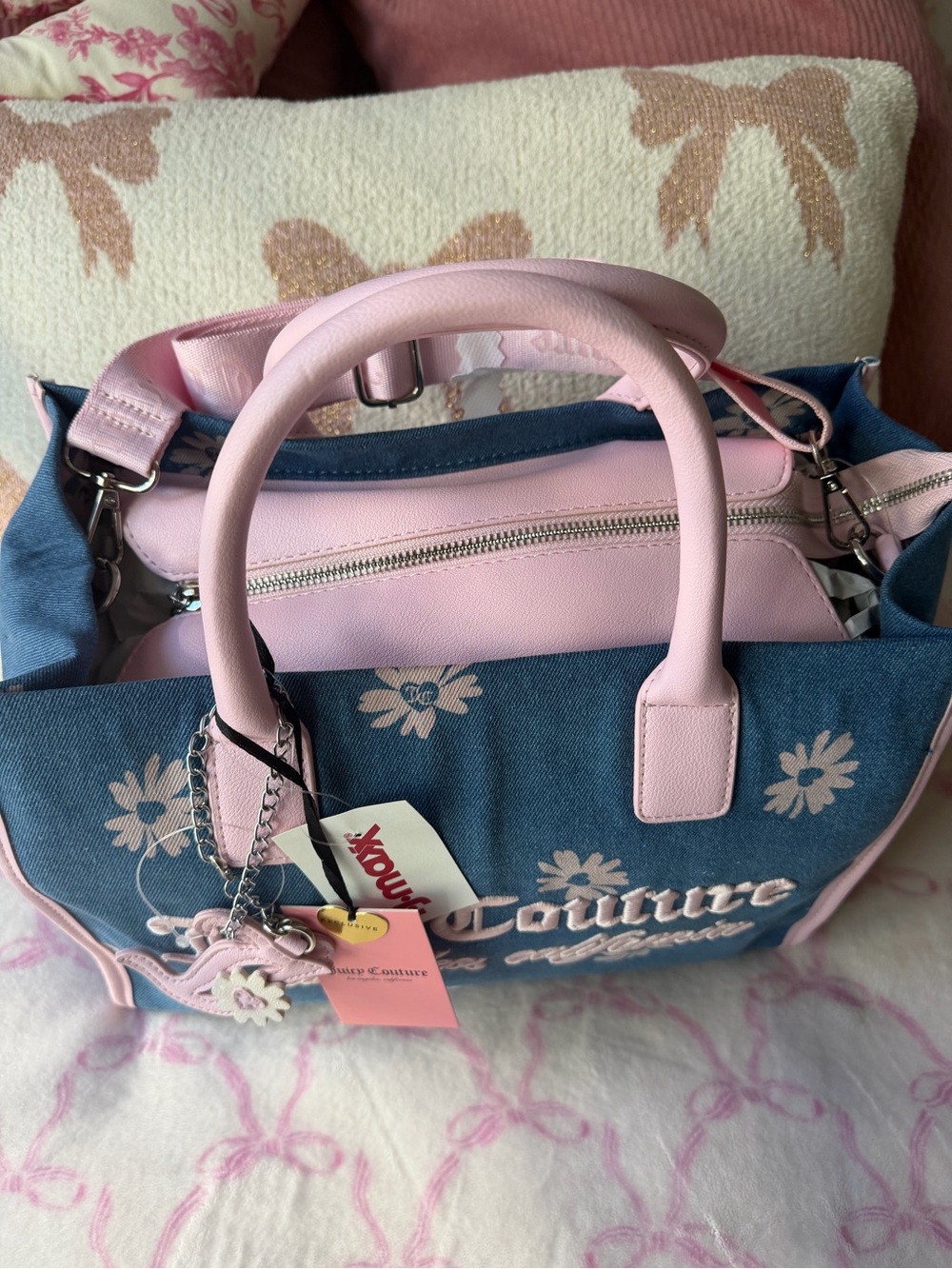 Juicy Couture Blue Canvas Floral Tote with Pink Trim - Picture 4 of 11